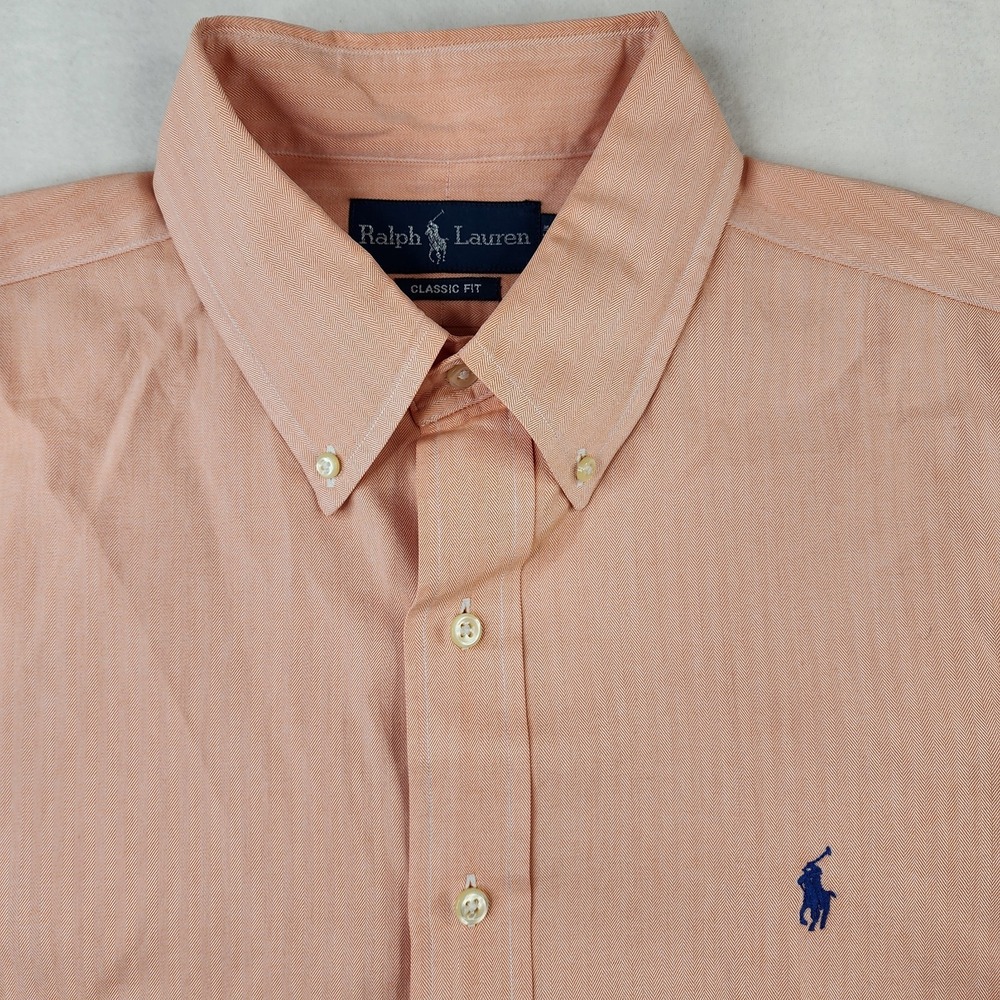 Ralph Lauren Classic Fit Mens 16 1/2 Orange Cotton Long Sleeve Shirt Preppy Pony